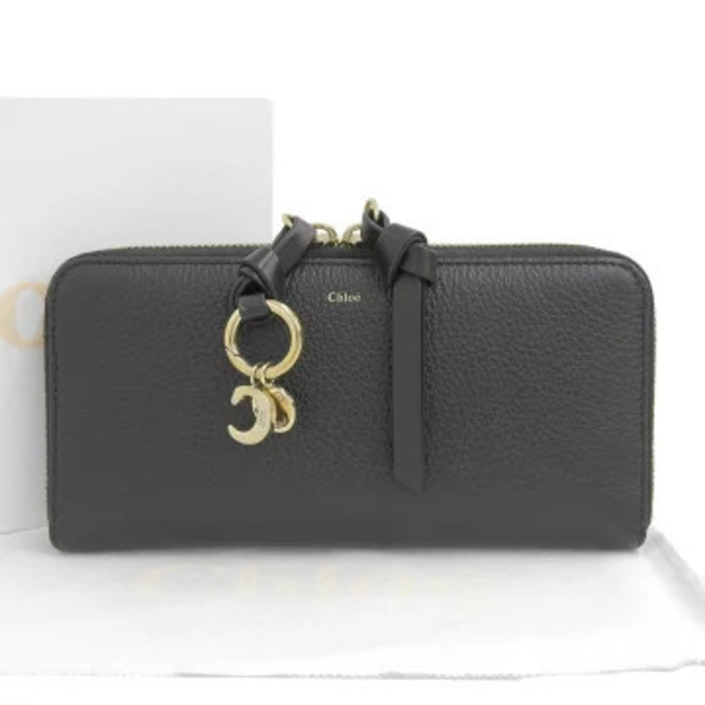 Chloe Alphabet Long Wallet Round Zipper Leather Black